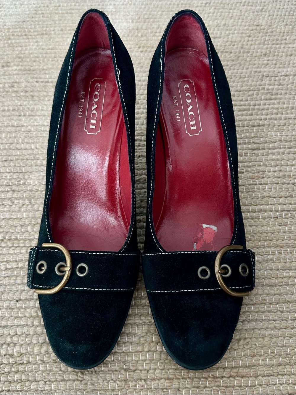 Y2K Coach Black Suede Heels with Gold Buckle and Red Liner Size 6.5